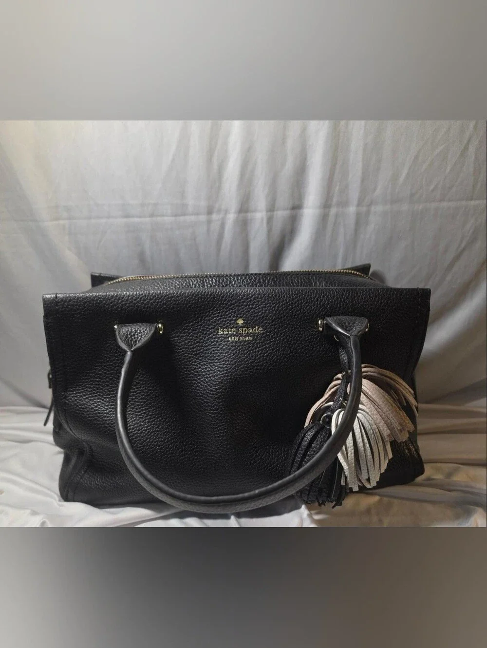 kate spade Black Pebbled Leather Satchel with Tassel Charm